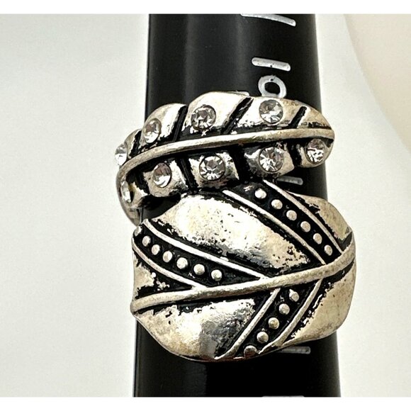 Boho Chic Leaf Motif Wrap Ring Distressed Silver Tone Rhinestones Whimsy Fairy - Picture 8 of 10